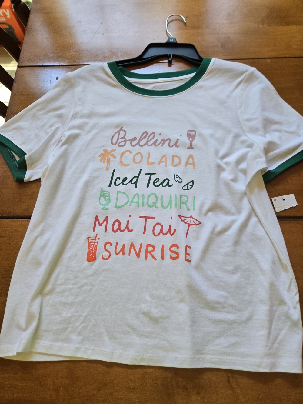 Sonoma White Short Sleeve Tee with Green Trim and Multicolor Cocktail Print